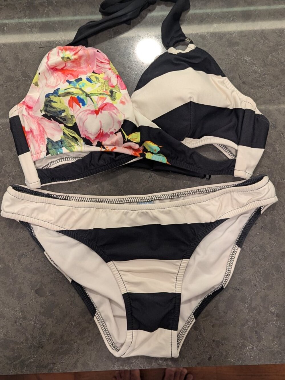 Venus black and white bikini set with floral design
